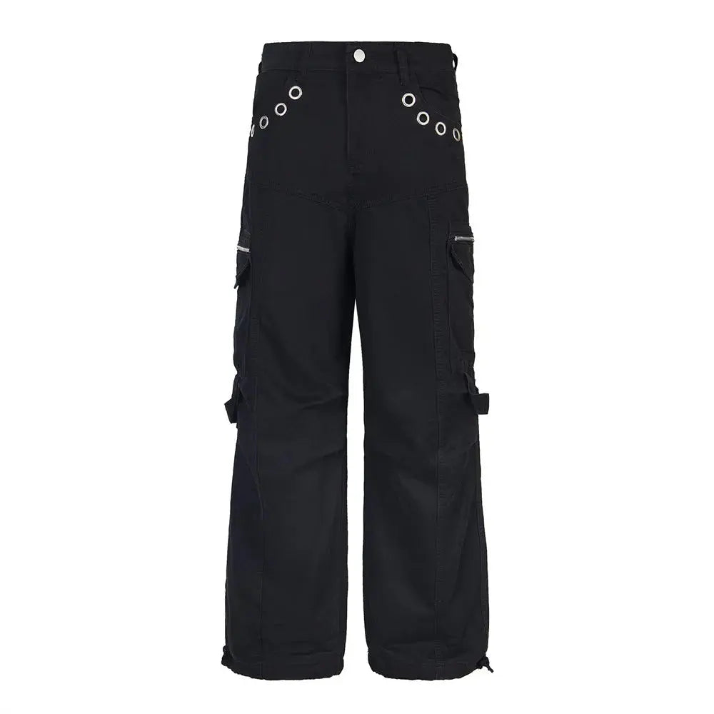 High Street Multi-Pocket Pants Mens Solid Color Spliced Loose Wide Leg Trousers Men Drawstring Jogger Pants Hominus Denim