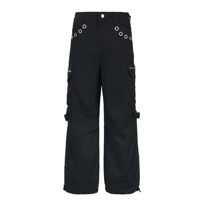 High Street Multi-Pocket Pants Mens Solid Color Spliced Loose Wide Leg Trousers Men Drawstring Jogger Pants Hominus Denim