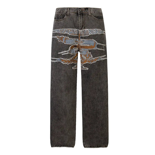 High Street Patchwork Embroidery Baggy Jeans for Men and Women Straight Ripped Washed Casual Denim Trousers Oversize Loose Cargo Hominus Denim