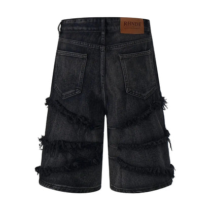 High Street Striped Tassel Washed Black Baggy Jeans Shorts for Men Wide Leg Washed Casual Summer Knee Length Pants Oversized Hominus Denim