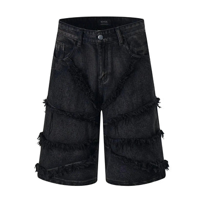 High Street Striped Tassel Washed Black Baggy Jeans Shorts for Men Wide Leg Washed Casual Summer Knee Length Pants Oversized Hominus Denim