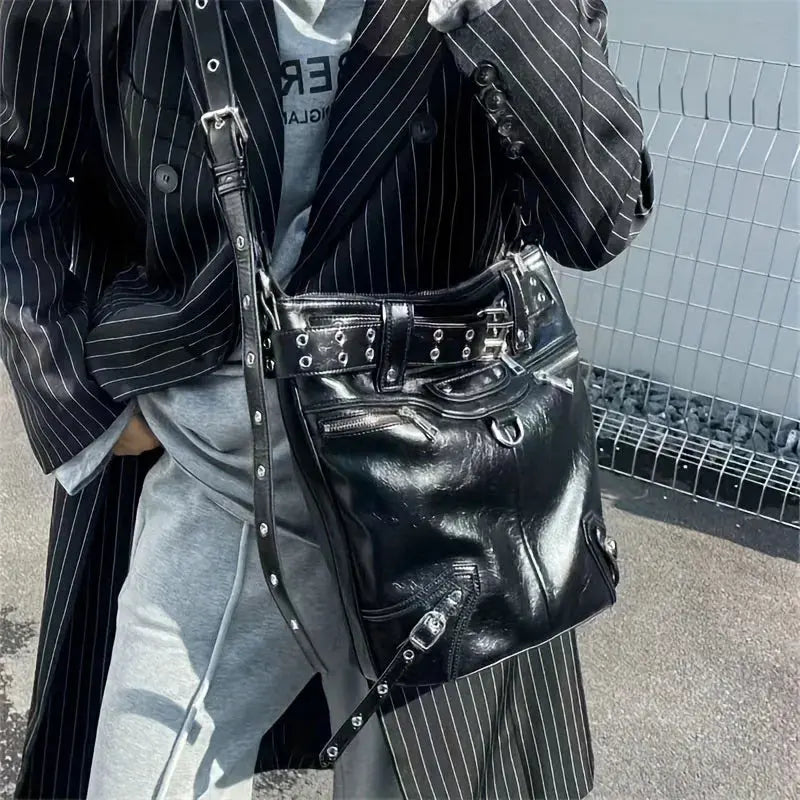High Street Vintage Handbag Women New Rivet Large Capacity Casual Crossbody Bags Ladies Moto Biker Black Messenger Bag Hominus Denim
