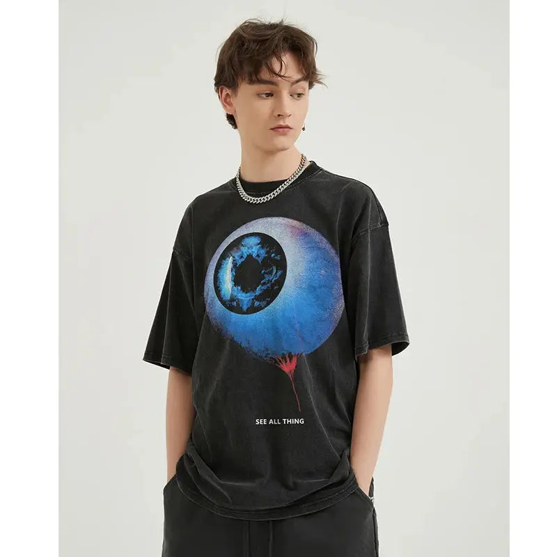 Hip Hop 2024 Retro Washed Black T-Shirt Streetwear Big Eyeball Graphic T Shirt Cotton Unisex Tshirt Men Tops Tees Dope Y2K Hominus Denim