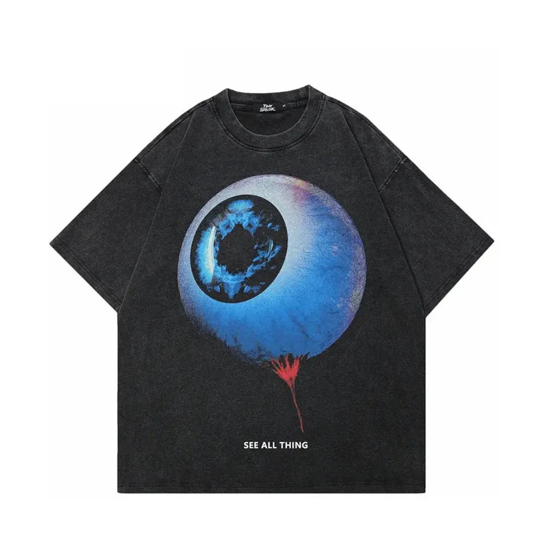 Hip Hop 2024 Retro Washed Black T-Shirt Streetwear Big Eyeball Graphic T Shirt Cotton Unisex Tshirt Men Tops Tees Dope Y2K Hominus Denim