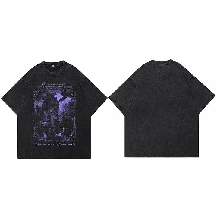 Hip Hop 2024 Washed Black T-Shirt Streetwear Vintage Purple Graphic Horror Castle T Shirt Cotton Tshirt Men Tops Tees Unisex Y2K Hominus Denim