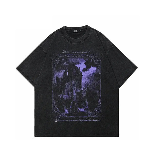 Hip Hop 2024 Washed Black T-Shirt Streetwear Vintage Purple Graphic Horror Castle T Shirt Cotton Tshirt Men Tops Tees Unisex Y2K Hominus Denim