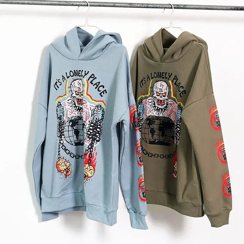 Hip Hop Harajuku Kanye Hoodies Men Cotton Cartoon Skeleton Foam Print Graphic Streetwear Oversized Pullover Winter Sweatshirts Hominus Denim