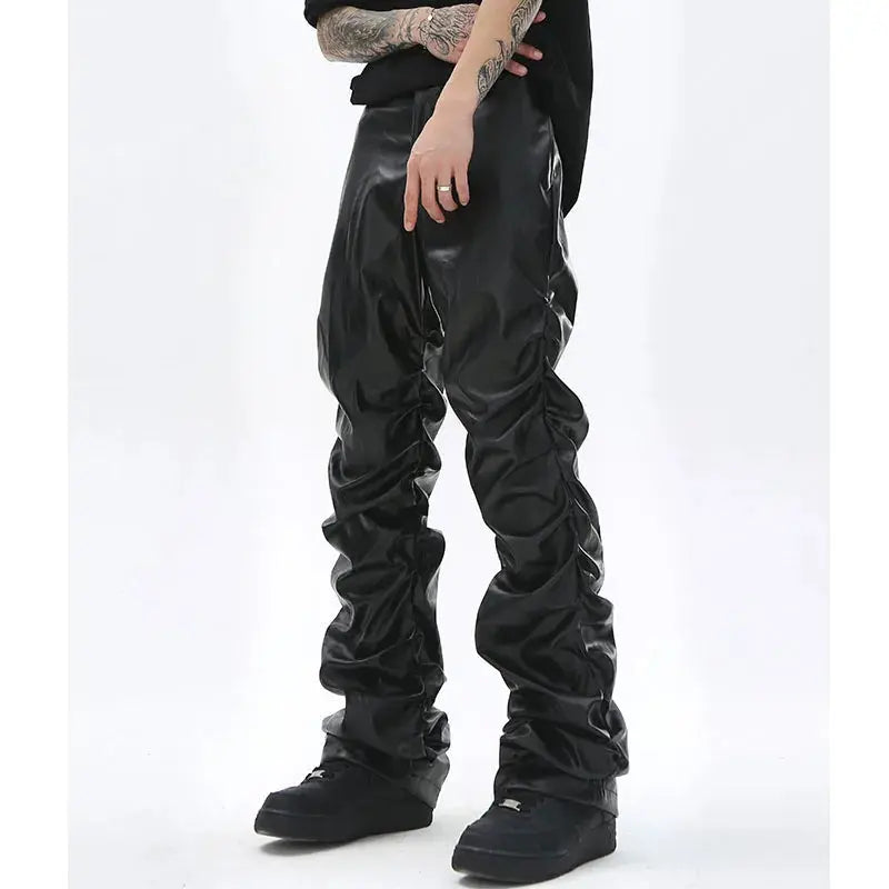 Hip Hop Mens Pleated Pu Leather Pants Harajuku Retro Streetwear Loose Ruched Casual Trousers Straight Solid Color Black Pants Hominus Denim