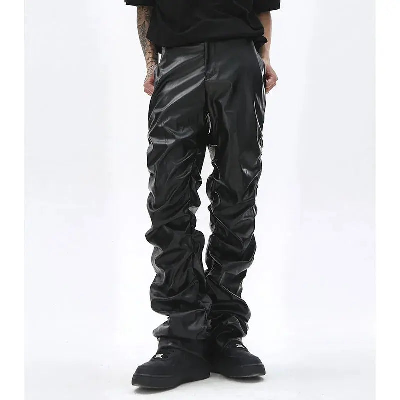 Hip Hop Mens Pleated Pu Leather Pants Harajuku Retro Streetwear Loose Ruched Casual Trousers Straight Solid Color Black Pants Hominus Denim