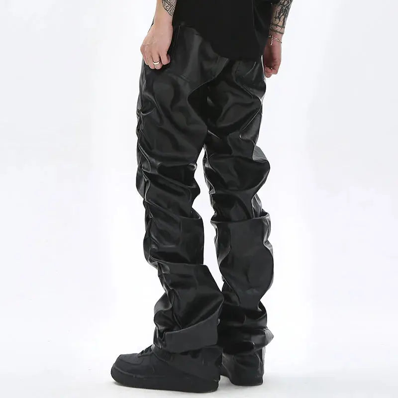 Hip Hop Mens Pleated Pu Leather Pants Harajuku Retro Streetwear Loose Ruched Casual Trousers Straight Solid Color Black Pants Hominus Denim