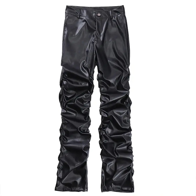 Hip Hop Mens Pleated Pu Leather Pants Harajuku Retro Streetwear Loose Ruched Casual Trousers Straight Solid Color Black Pants Hominus Denim