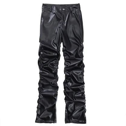 Hip Hop Mens Pleated Pu Leather Pants Harajuku Retro Streetwear Loose Ruched Casual Trousers Straight Solid Color Black Pants Hominus Denim