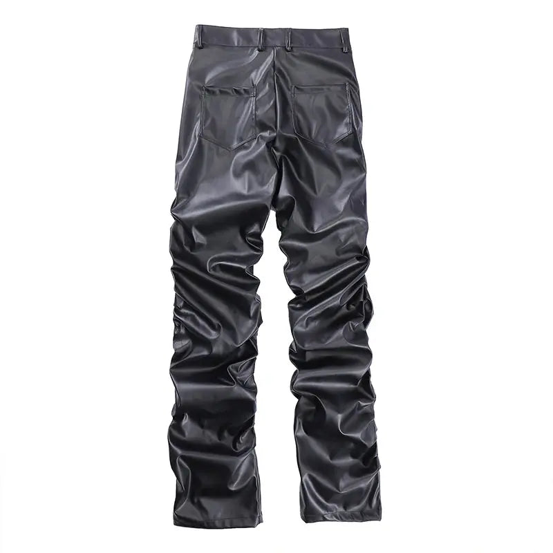 Hip Hop Mens Pleated Pu Leather Pants Harajuku Retro Streetwear Loose Ruched Casual Trousers Straight Solid Color Black Pants Hominus Denim