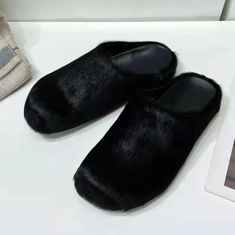 Horsehair Slippers Women Round Toe Furry Mules Shoes Woman Fashion Comfort Flat Slides Woman Wool Winter Shoes Women Slippers Hominus Denim