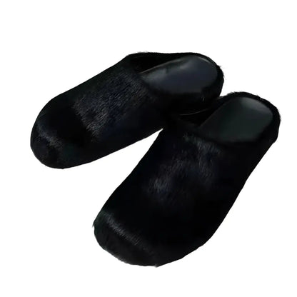 Horsehair Slippers Women Round Toe Furry Mules Shoes Woman Fashion Comfort Flat Slides Woman Wool Winter Shoes Women Slippers Hominus Denim
