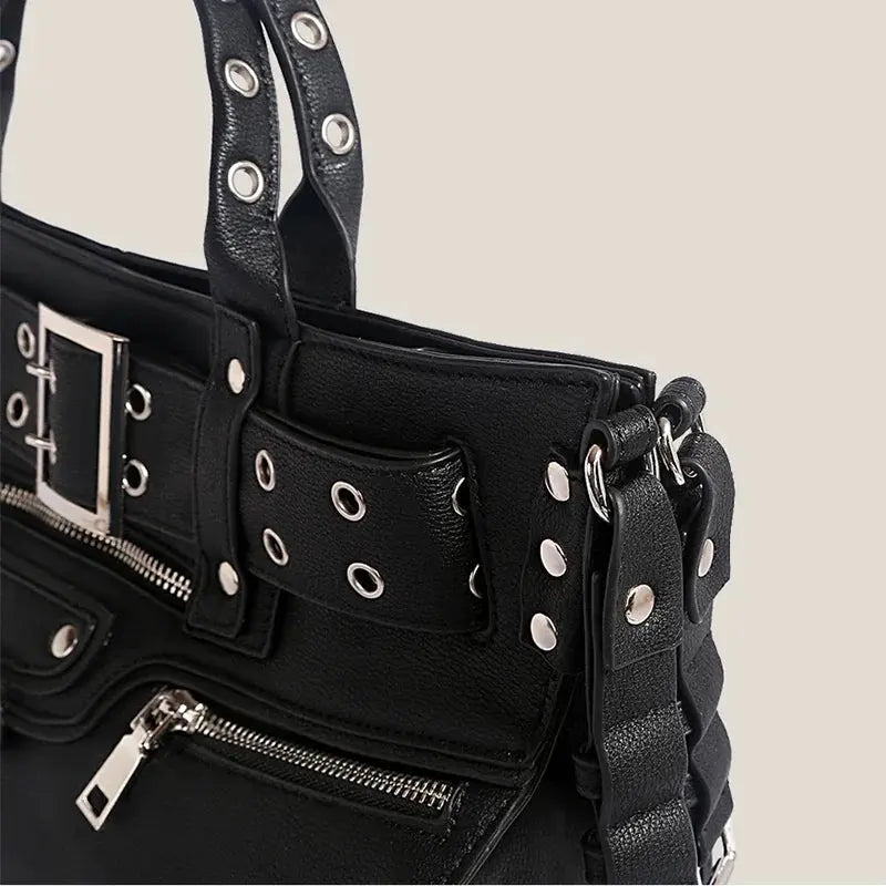 JIOMAY Women Black Goth Bag 2024 Fashion Woman Ladies Moto and Biker Style Shoulder Bag Rivet Belt Large Capacity Tote Bag Hominus Denim