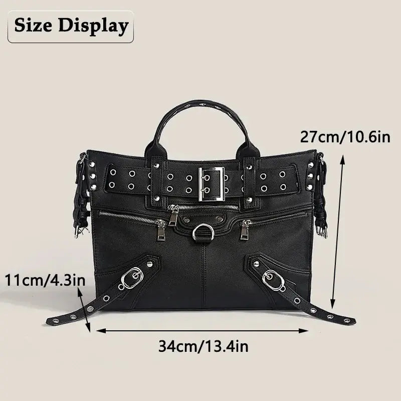 JIOMAY Women Black Goth Bag 2024 Fashion Woman Ladies Moto and Biker Style Shoulder Bag Rivet Belt Large Capacity Tote Bag Hominus Denim