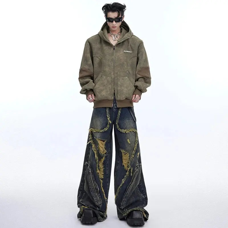 LUZHEN Fashion Wornout Splicing Burr Edge Design Street Denim Pants Men 2024 New Trendy Personalized Original Male Jeans LZ3976 Hominus Denim