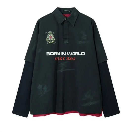 Letter Embroidery Patchwork Long Sleeve Shirts Mens Fake Two Pieces Autumn High Street Lapel Single Breasted Loose Shirts Men Hominus Denim