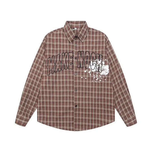 Letter Embroidery Plaid Shirts Mens Autumn High Street Single Breasted Lapel Long Sleeve Shirts Men Hominus Denim