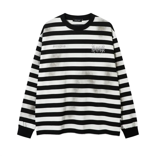 Letter Embroidery Striped T-shirt Mens Distressed Autumn High Street Long Sleeve Crew Neck Loose Cotton Tee Men Hominus Denim