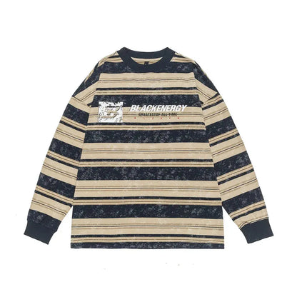 Letter Print Striped T-shirt Mens Contrast High Street Autumn Loose Crew Neck Long Sleeve Tee Men Hominus Denim