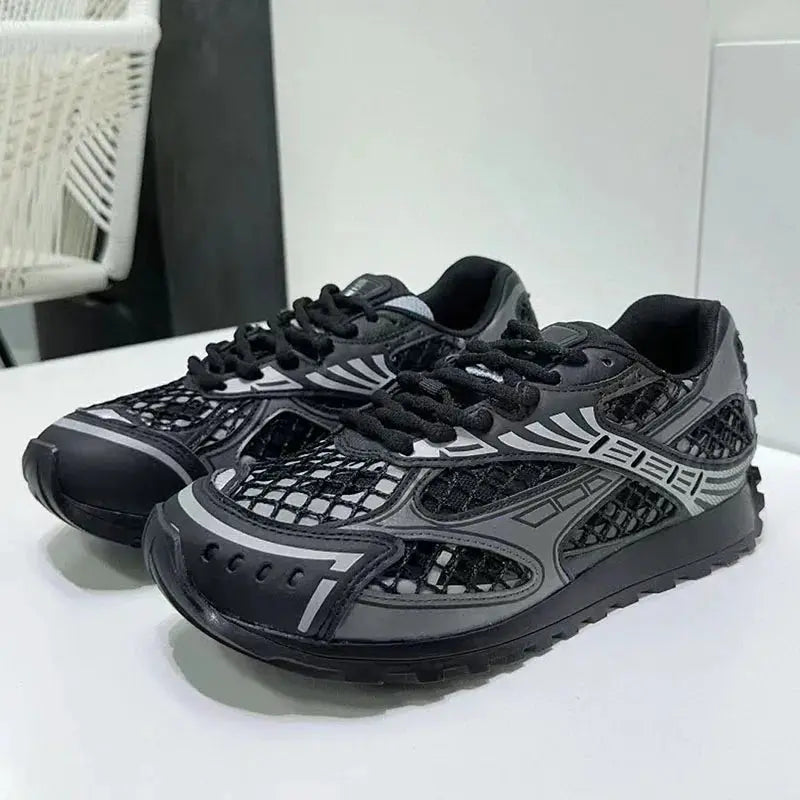 Luxury Sneakers Women Lace Up Round Toe Flat Casual Shoes Patchwork Mesh Hollow Outs Running Shoes Outdoor Sports Shoes Men Hominus Denim