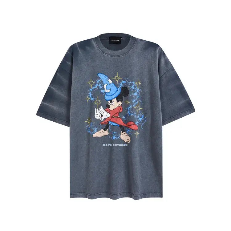 MADE EXTREME Cartoon Personality Printing Washed Old Summer Short Sleeve T-Shirt Men and Women Hominus Denim