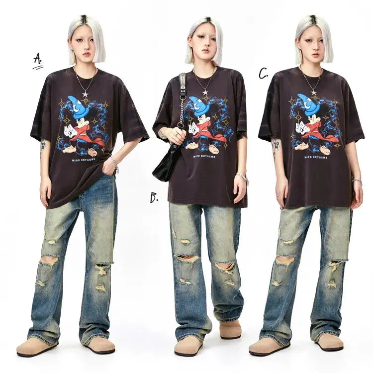 MADE EXTREME Cartoon Personality Printing Washed Old Summer Short Sleeve T-Shirt Men and Women Hominus Denim