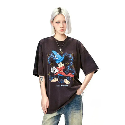 MADE EXTREME Cartoon Personality Printing Washed Old Summer Short Sleeve T-Shirt Men and Women Hominus Denim