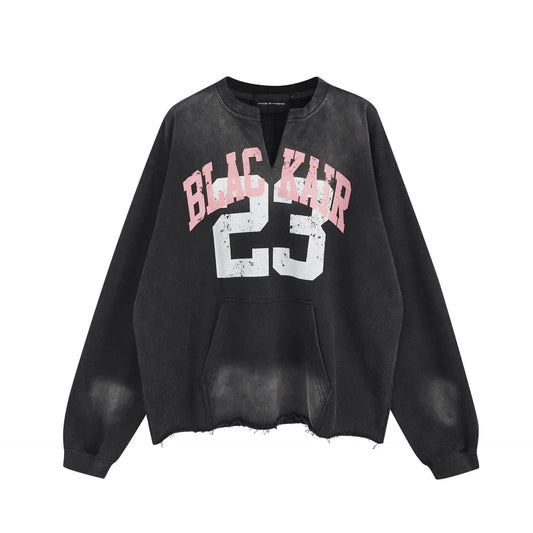 MADE EXTREME Letter Print Washed V-neck Pullover Sweatshirt for Men and Women Hominus Denim