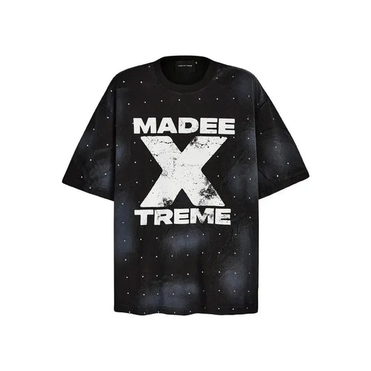 MADE EXTREME Old Letter X Printed Hot Diamond Spray Ma Liu Heavy Short Sleeve T-Shirt Men Hominus Denim