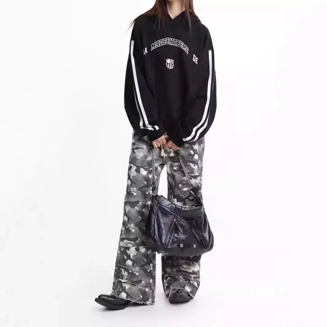 MADE EXTREME Snow Camouflage Double Waist Splicing Layered Rough Edge Drawstring Outdoor Trousers Hominus Denim