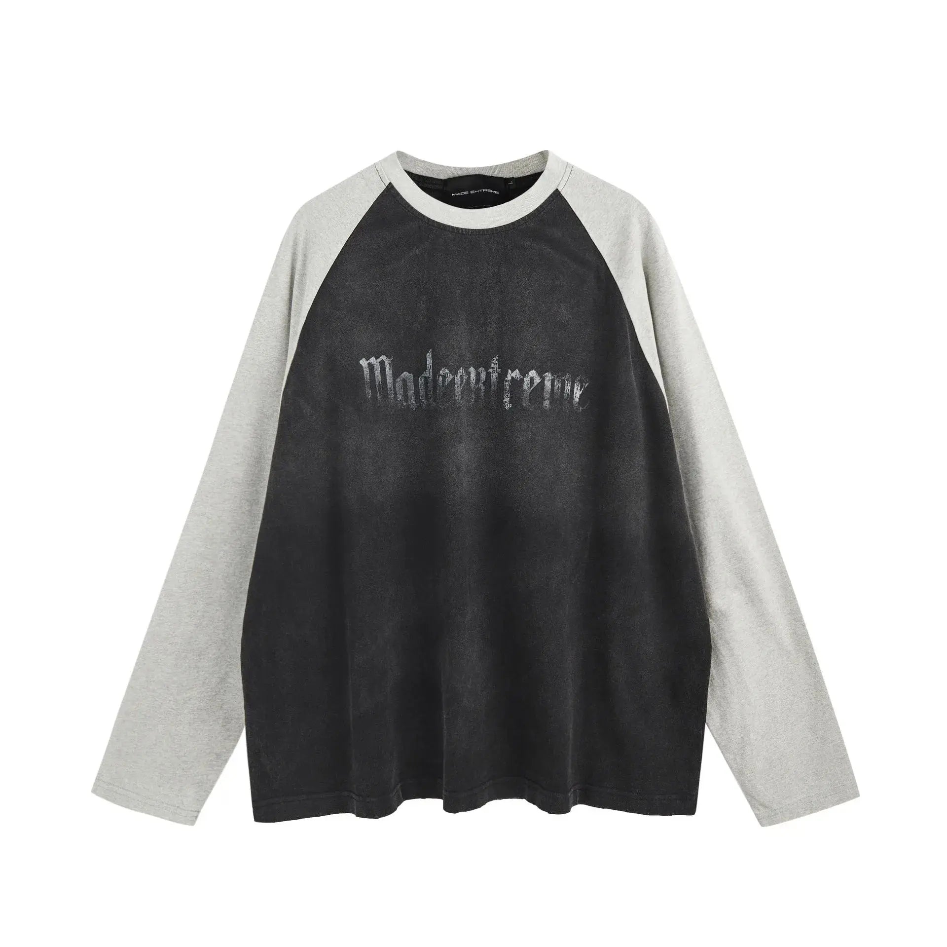 MADEEXTREME 280g Vintage Washed Alphabet Printed Crew Neck Loose Shoulder Sleeve Long Sleeve T-Shirt Hominus Denim