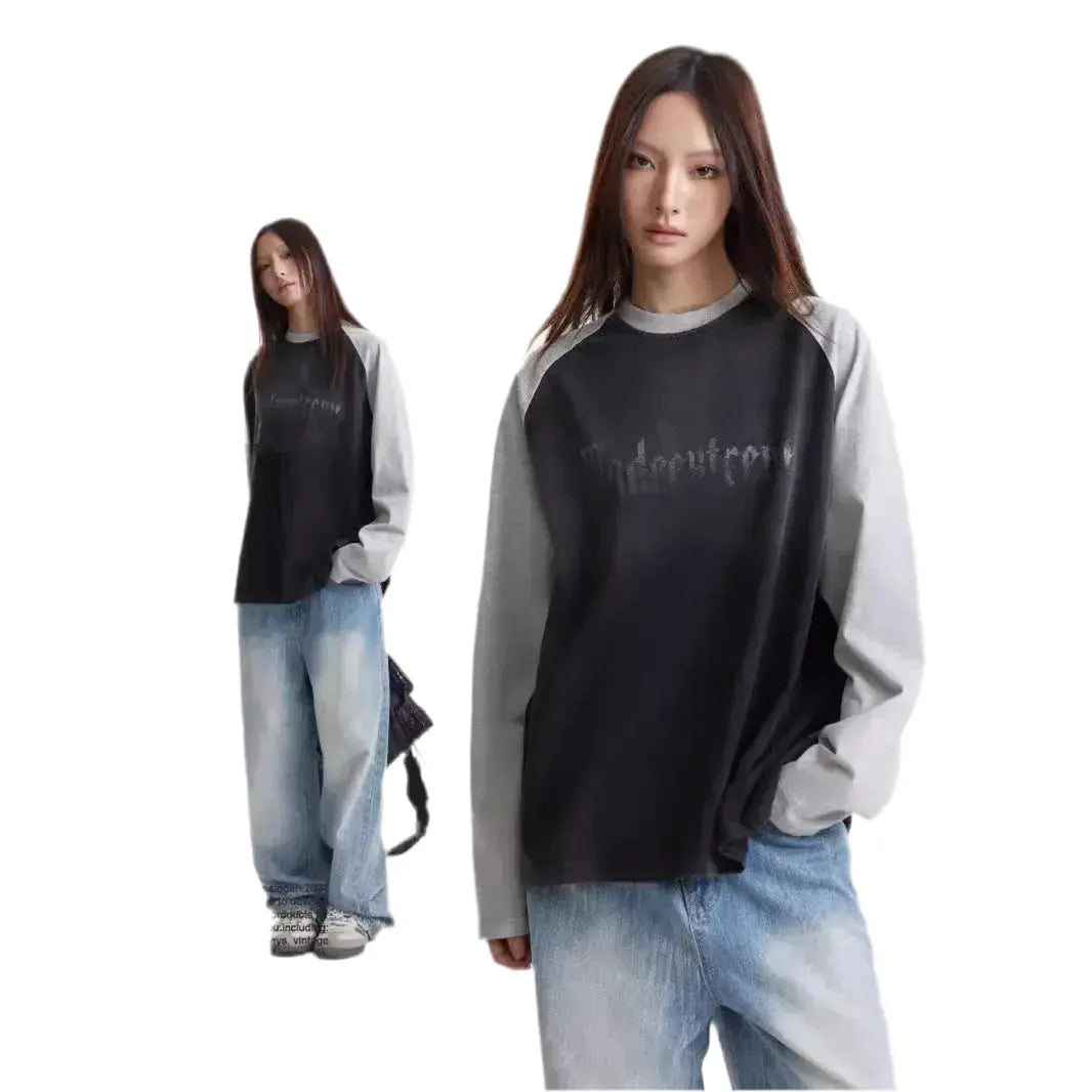 MADEEXTREME 280g Vintage Washed Alphabet Printed Crew Neck Loose Shoulder Sleeve Long Sleeve T-Shirt Hominus Denim