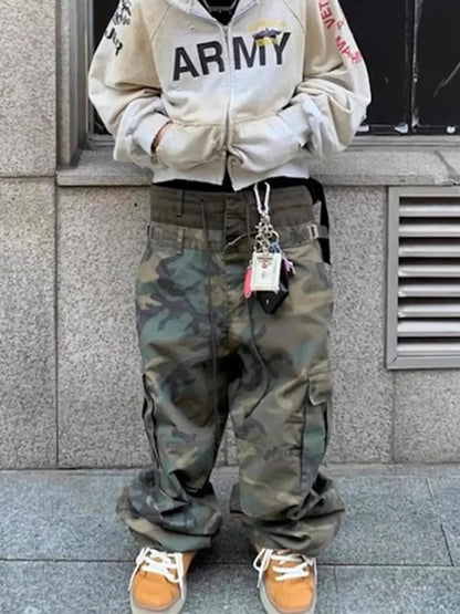 MIJKO Camouflage CUT-UP Multi-pockets Pants for Men Patchwork Cargo Straight Casual Baggy Overalls Oversized Trousers #8506 Hominus Denim