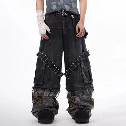 MWJLPWQ Detachable Niche Design Structure Jeans Men's Pin Heavy Camouflage Spliced WIde Leg Pants Fashion New Trousers 010803 Hominus Denim