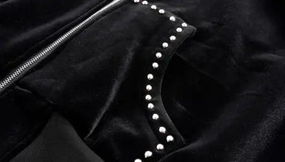 MWJLPWQ Woolen Short Hooded Sweatershirt Men Tide Large Pocket Zipper Rivet Niched Design Black Jacket 2025  Autumn New 010989 Hominus Denim