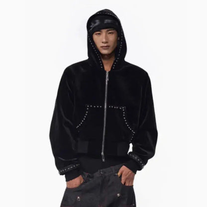 MWJLPWQ Woolen Short Hooded Sweatershirt Men Tide Large Pocket Zipper Rivet Niched Design Black Jacket 2025  Autumn New 010989 Hominus Denim