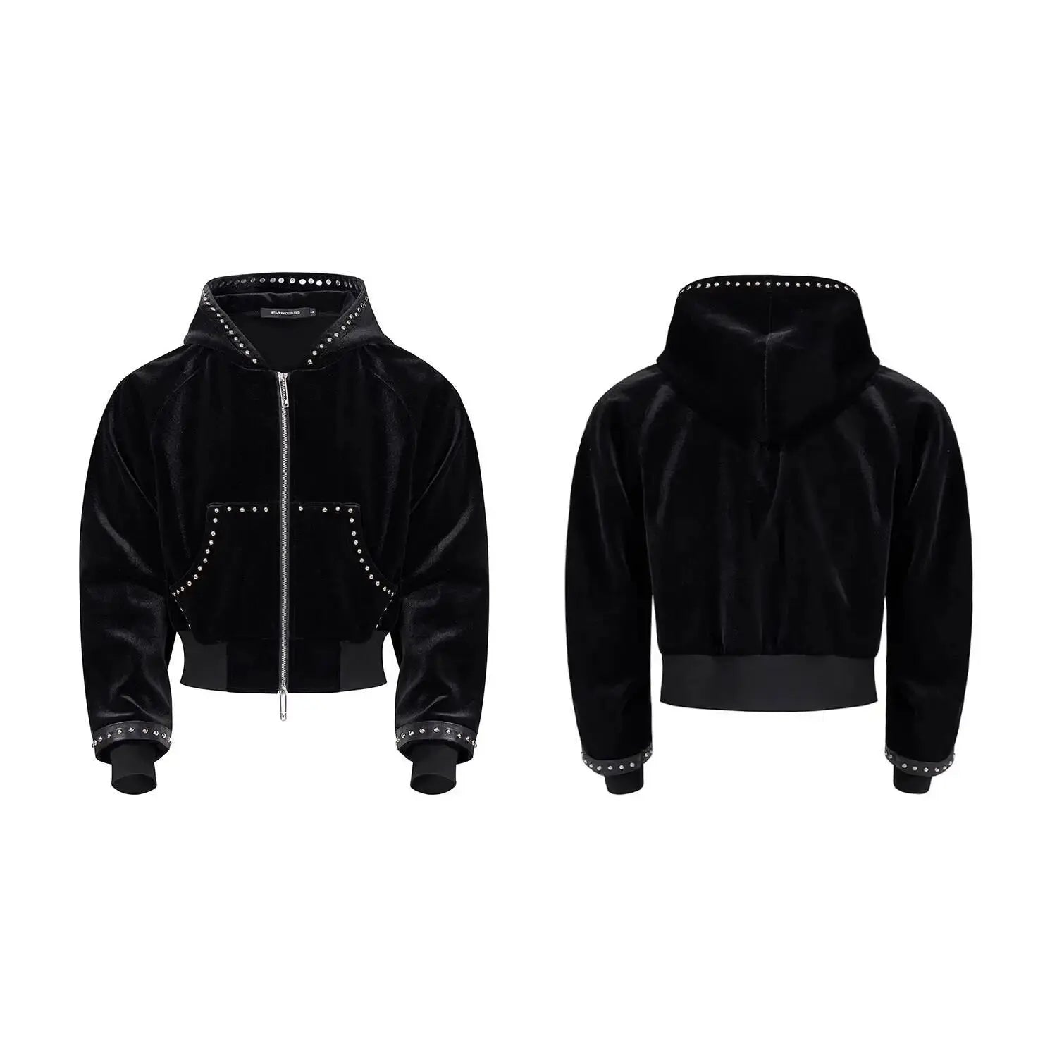MWJLPWQ Woolen Short Hooded Sweatershirt Men Tide Large Pocket Zipper Rivet Niched Design Black Jacket 2025  Autumn New 010989 Hominus Denim