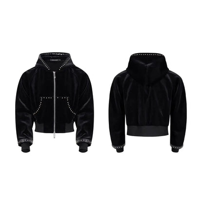 MWJLPWQ Woolen Short Hooded Sweatershirt Men Tide Large Pocket Zipper Rivet Niched Design Black Jacket 2025  Autumn New 010989 Hominus Denim