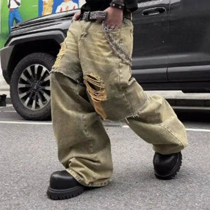 MWJQ Fake Two Piece Y2K Hole Jeans Men's Wide Leg Pants Mud Dyed Spliced Niche Design Distress Washed Loose Denim Trouser 010433 Hominus Denim