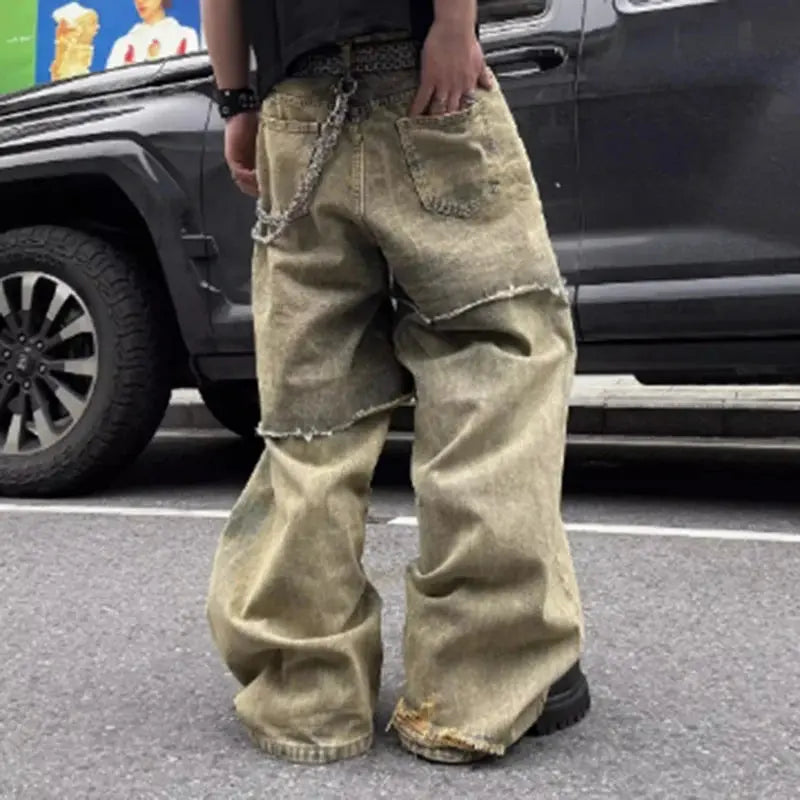 MWJQ Fake Two Piece Y2K Hole Jeans Men's Wide Leg Pants Mud Dyed Spliced Niche Design Distress Washed Loose Denim Trouser 010433 Hominus Denim