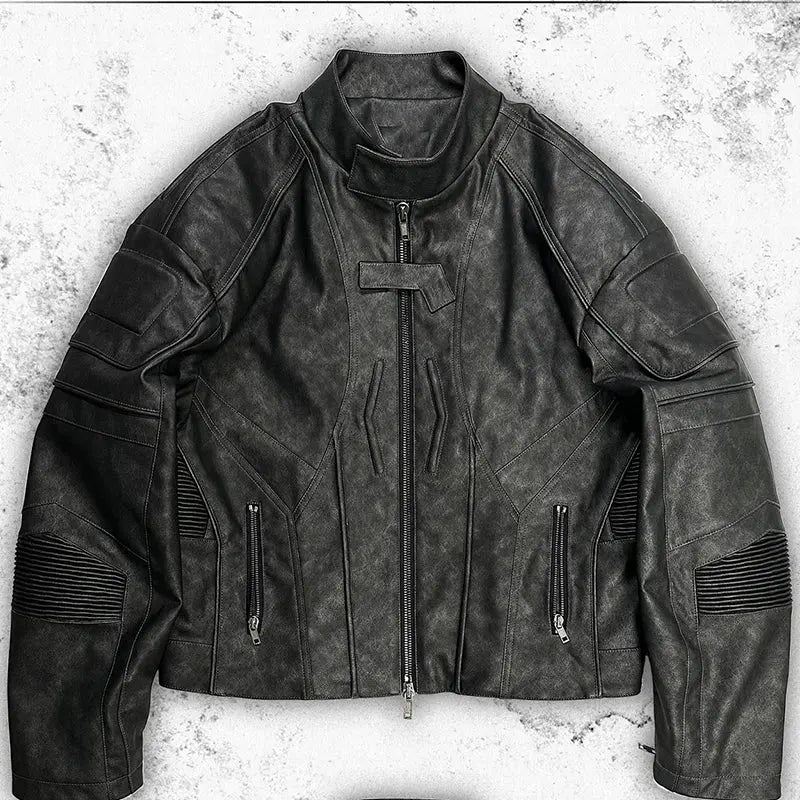 Mauroicardi Spring Autumn Cool Handsome Vintage Short Distressed Black Faux Leather Racer Jacket Men Shoulder Pads Hominus Denim