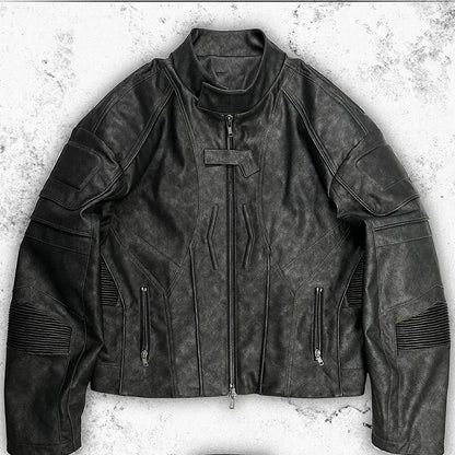 Mauroicardi Spring Autumn Cool Handsome Vintage Short Distressed Black Faux Leather Racer Jacket Men Shoulder Pads Hominus Denim