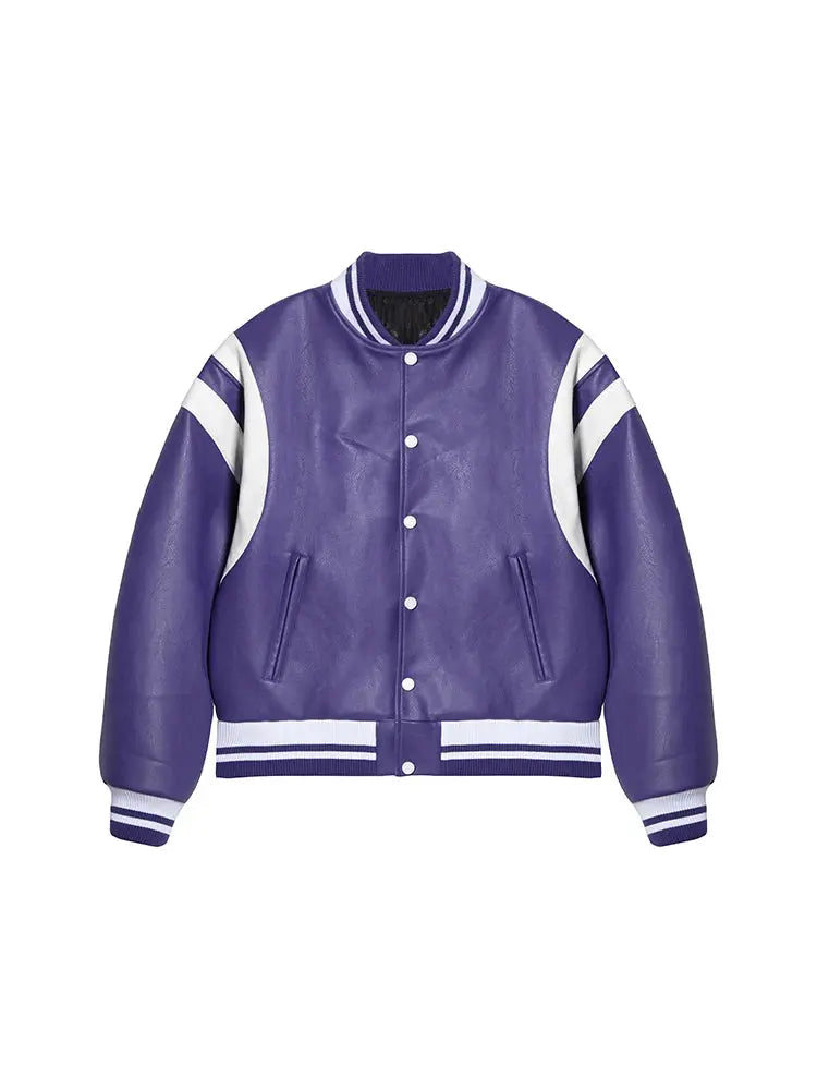 Mauroicardi Spring Autumn Cool Loose Purple and White Patchwork Pu Leather Bomber Jacket Men Zipper Luxury Designer Clothes 2023 Hominus Denim