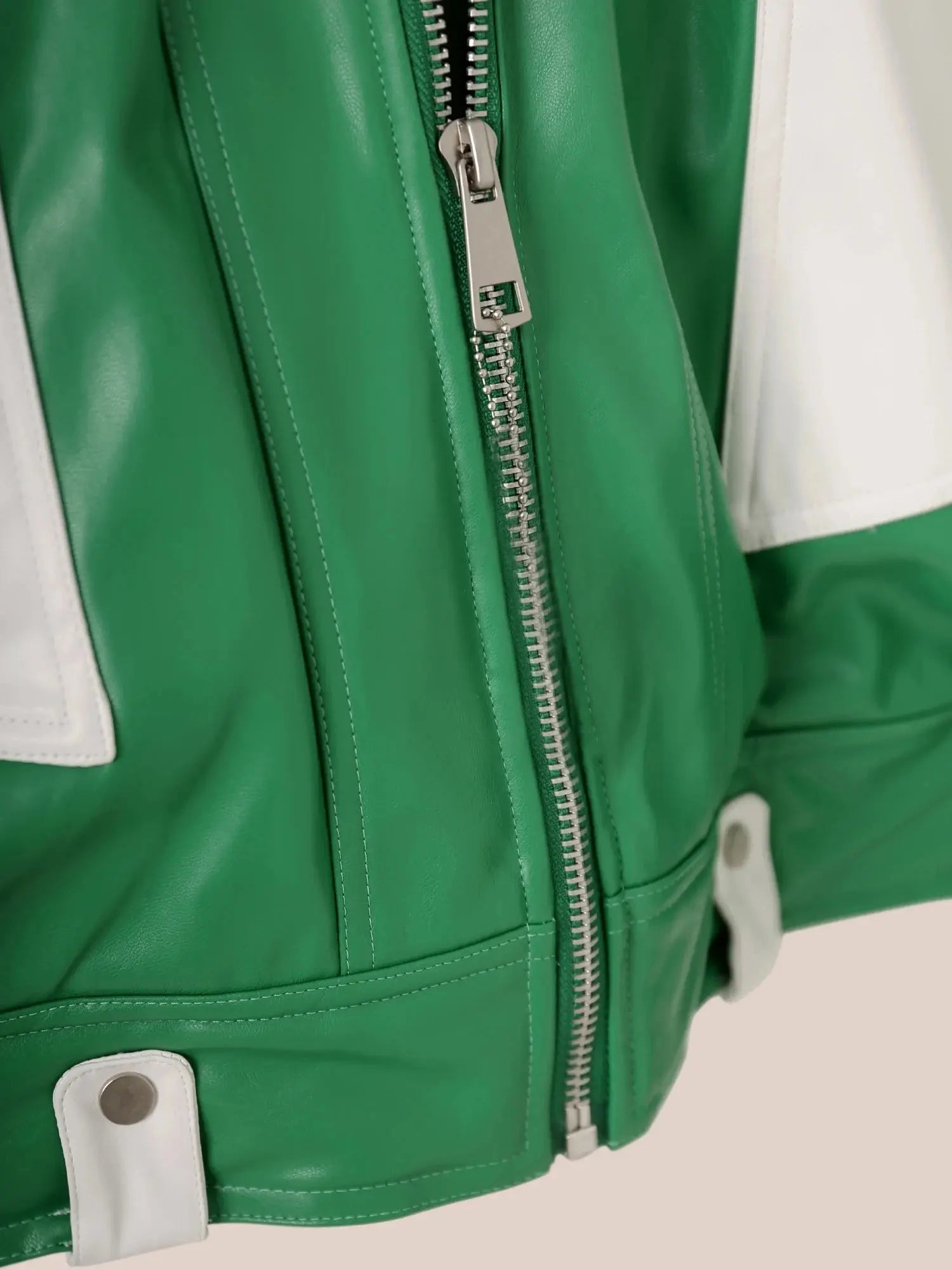 Mauroicardi Spring Autumn Oversized Green and White Patchwork Pu Leather Jacket Men with Many Zippers Luxury Designer Clothes Hominus Denim