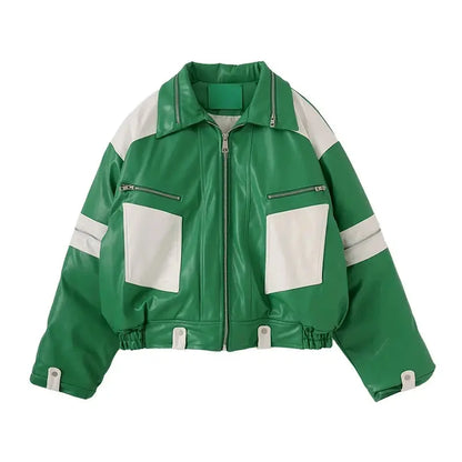 Mauroicardi Spring Autumn Oversized Green and White Patchwork Pu Leather Jacket Men with Many Zippers Luxury Designer Clothes Hominus Denim