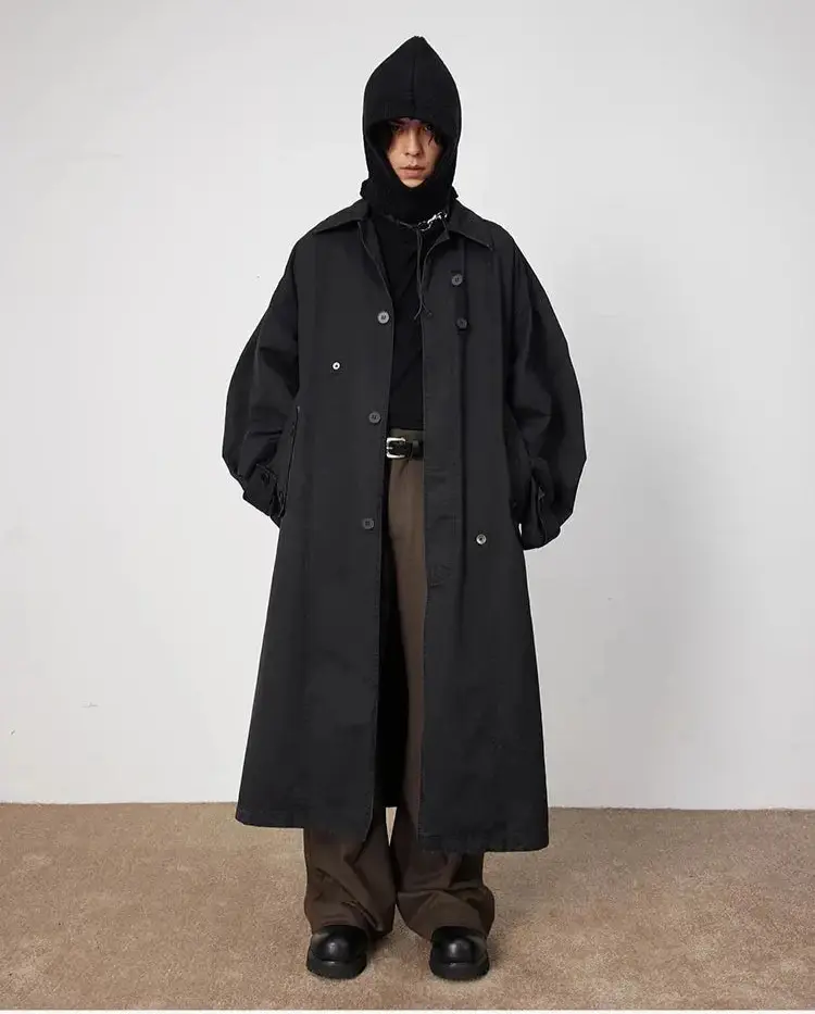 Mauroicardi Spring Autumn Oversized Long Flowy Trench Coat Men Turn-down Collar Single Breasted Loose Casual Black Clothes 2024 Hominus Denim