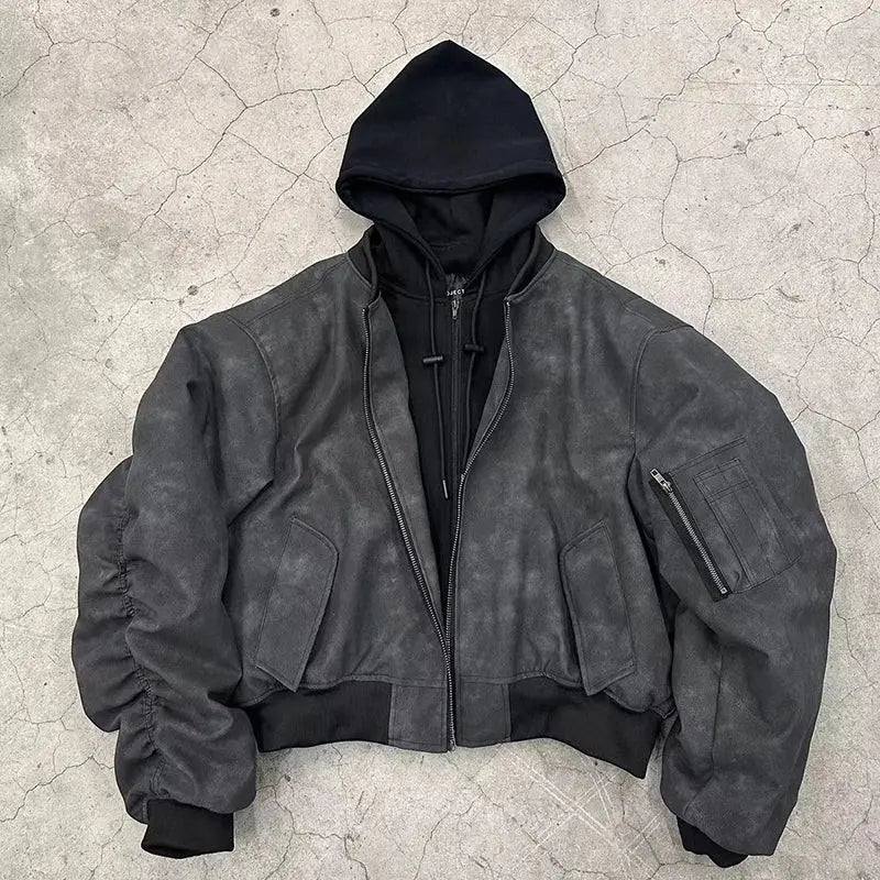 Mauroicardi Spring Oversized Vintage Black Faux Suede Leather jacket Men Zipper Fake 2 Piece Luxury Designer Clothes Hoodie 2024 Hominus Denim